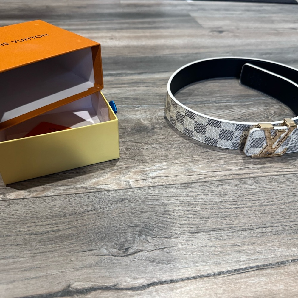 Louis Vuitton Damier Azur Canvas Belt with Gold LV Buckle - White